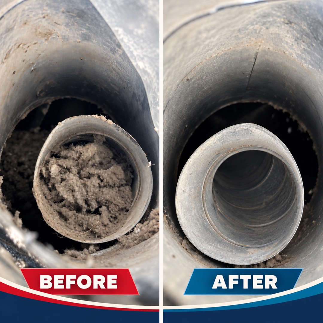 Dryer vent before and after cleaning by American Air Duct Services in Houston